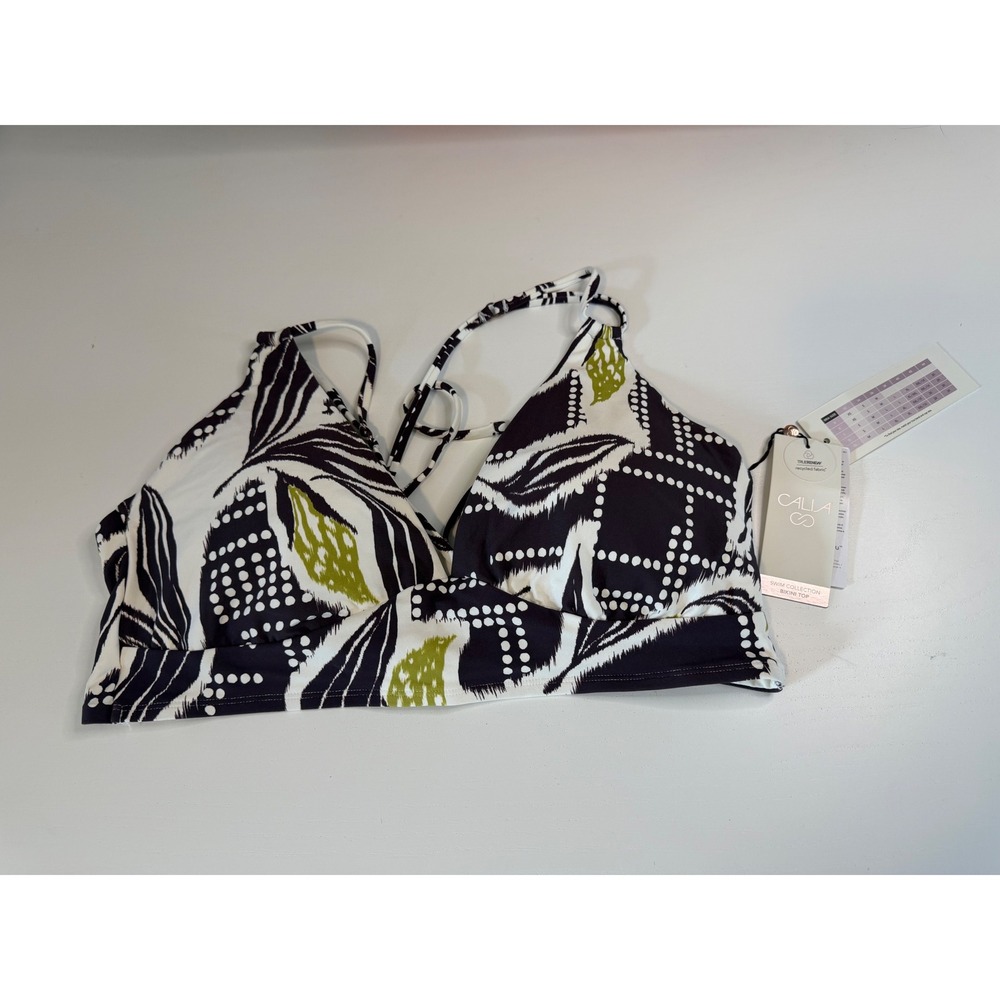 CALIA Tropical Print Bikini Top Black White Green XL NWT